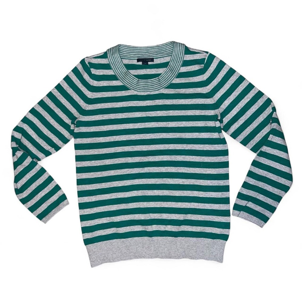 Tommy Hilfiger Green & Gray Striped Crewneck Sweater L/G – Large